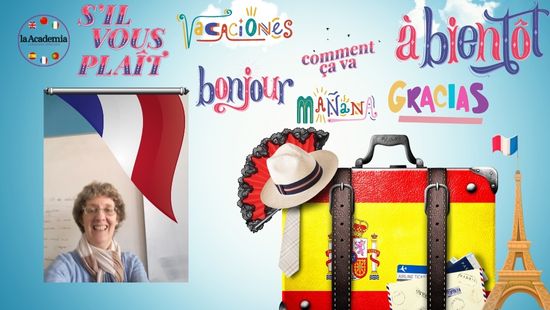 A photogrpah of Allyson Turpin surrounded by fun graphics and words representing France and Spain.