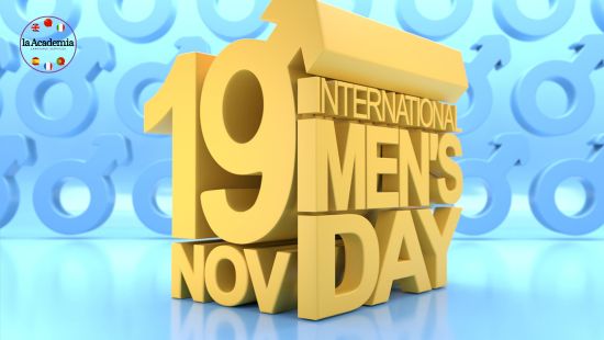 An animated gold sign against a turquoise background, saying "19 Nov International Mens Day"
