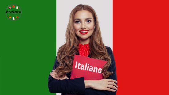 An attractive young woman with long light brown hair and red lipstick in a red shirt and navy blazer, holding a large red book called "Italiano" against the backdrop of the Italian flag.